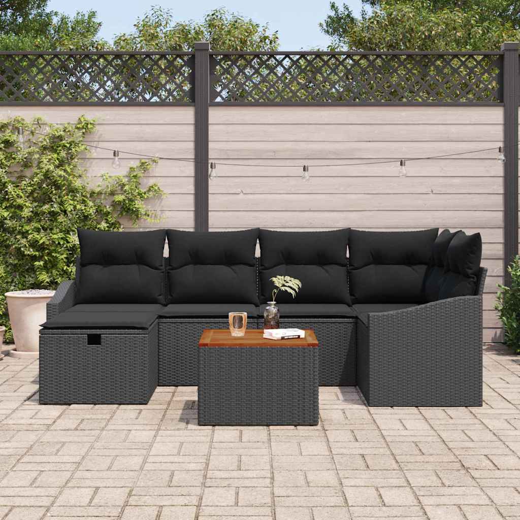 Gartensofa-set mit Kissen 7 pcs Schwarz Poly-Rattan
