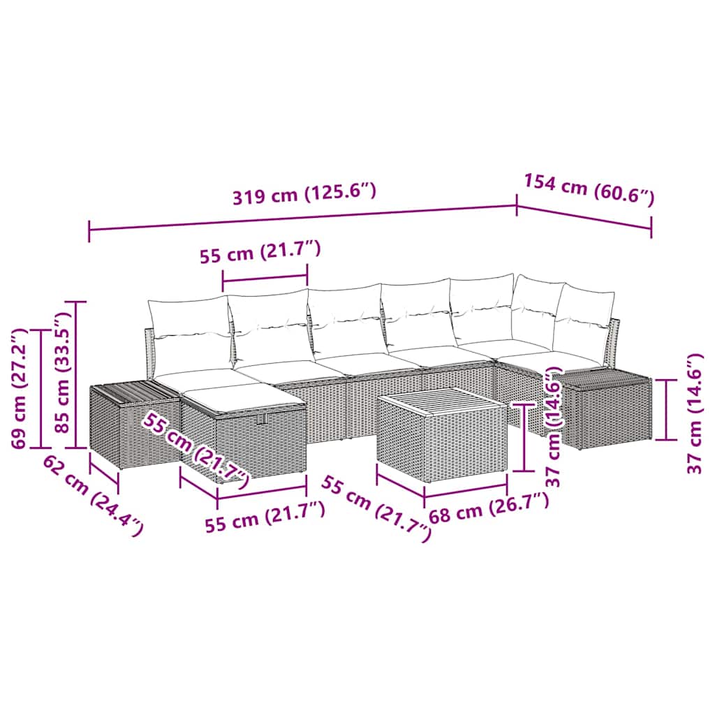 Gartensofa-set mit Kissen mit Speicher 8 pcs Grau Poly-Rattan