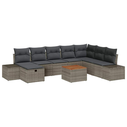 Gartensofa-set mit Kissen mit Speicher 9 pcs Grau Poly-Rattan