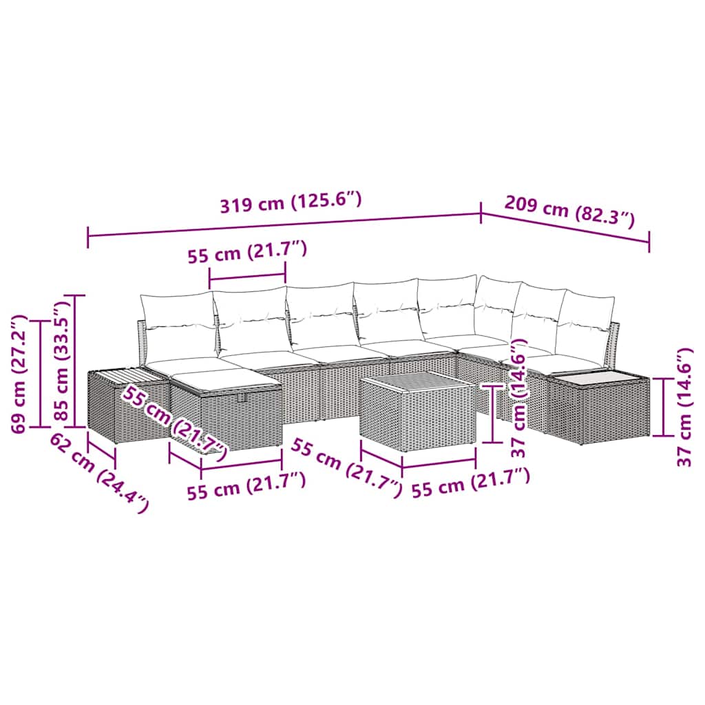 Gartensofa-set mit Kissen 9 pcs Schwarz Poly-Rattan