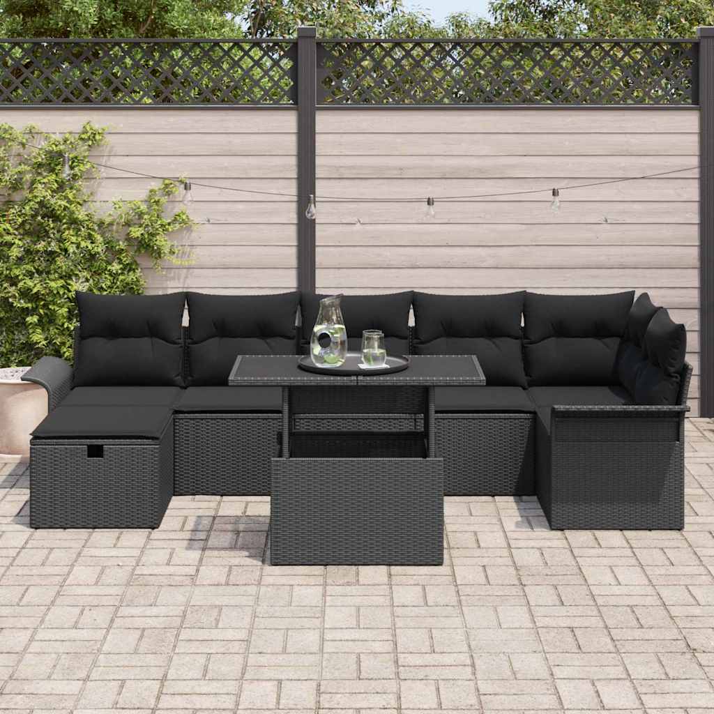 Garten-Sofa-Set mit Kissen 8 pcs Schwarz Poly Rattan