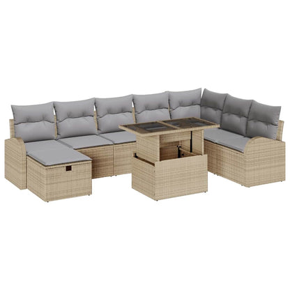 Garten-Sofa-Set mit Kissen mit Speicher 9 pcs Beige Poly Rattan