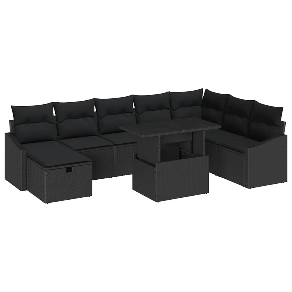 Garten-Sofa-Set mit Kissen 9 pcs Schwarz Poly Rattan