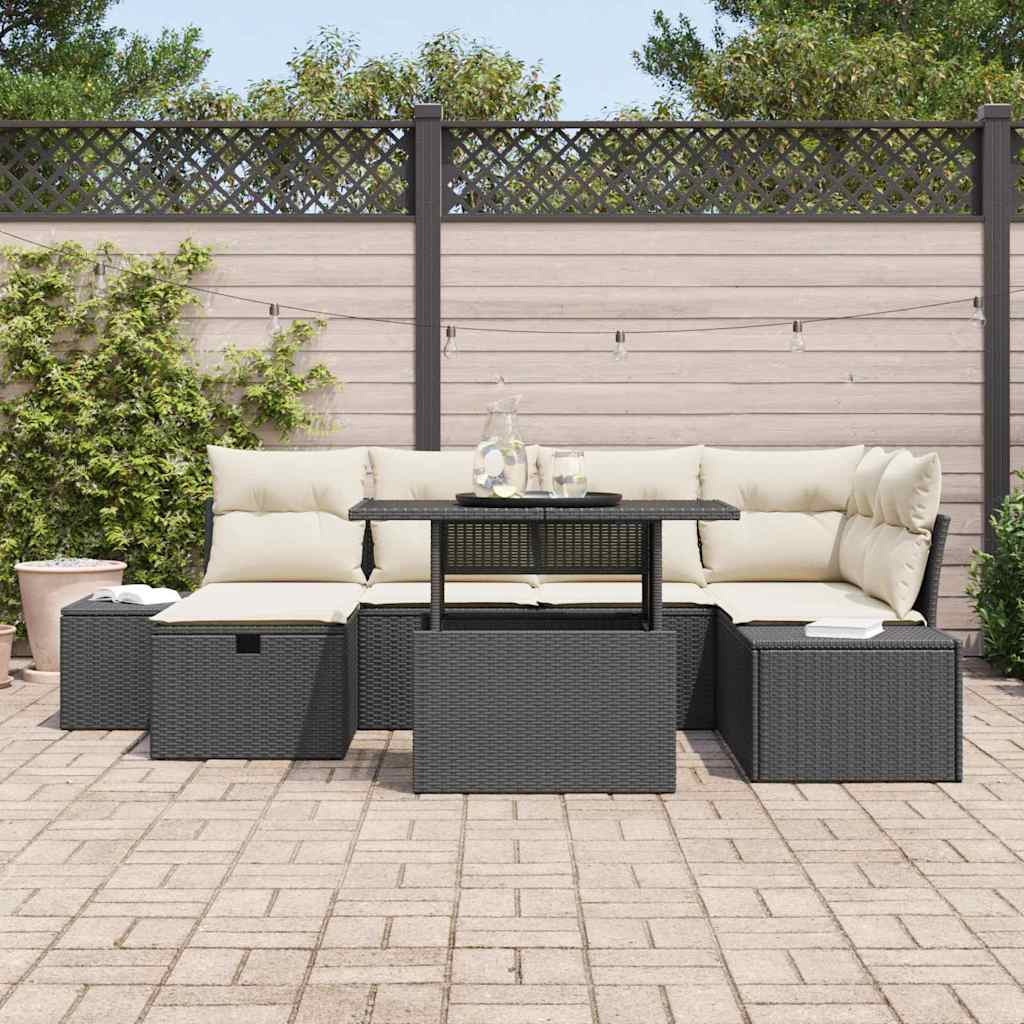 Garten-Sofa-Set mit Kissen 7 pcs Schwarz Poly Rattan