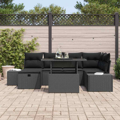 Garten-Sofa-Set mit Kissen 7 pcs Schwarz Poly Rattan