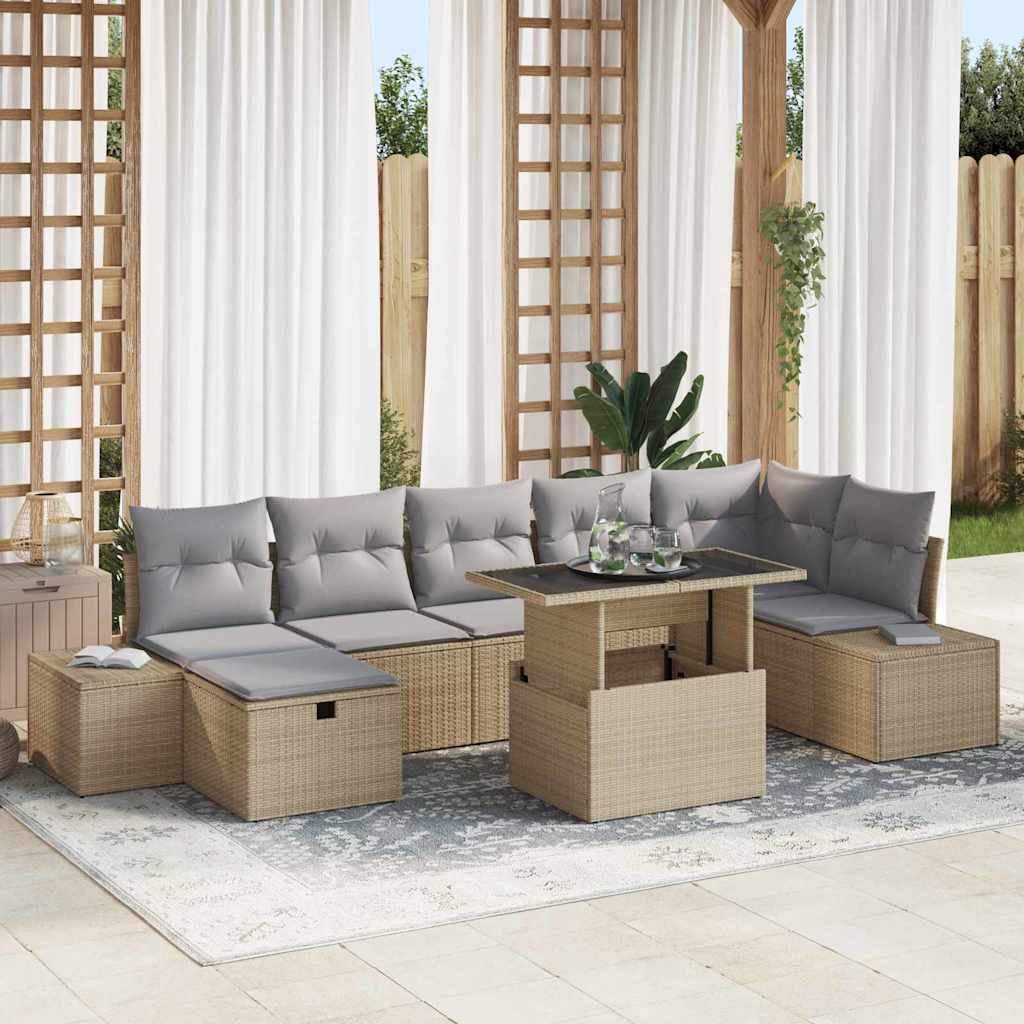 Garten-Sofa-Set mit Kissen mit Speicher 8 pcs Beige Poly Rattan