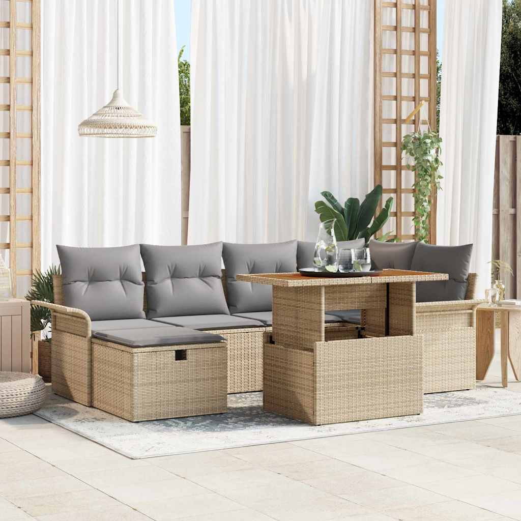 Gartensofa-set mit Kissen mit Speicher 7 pcs Beige Poly-Rattan