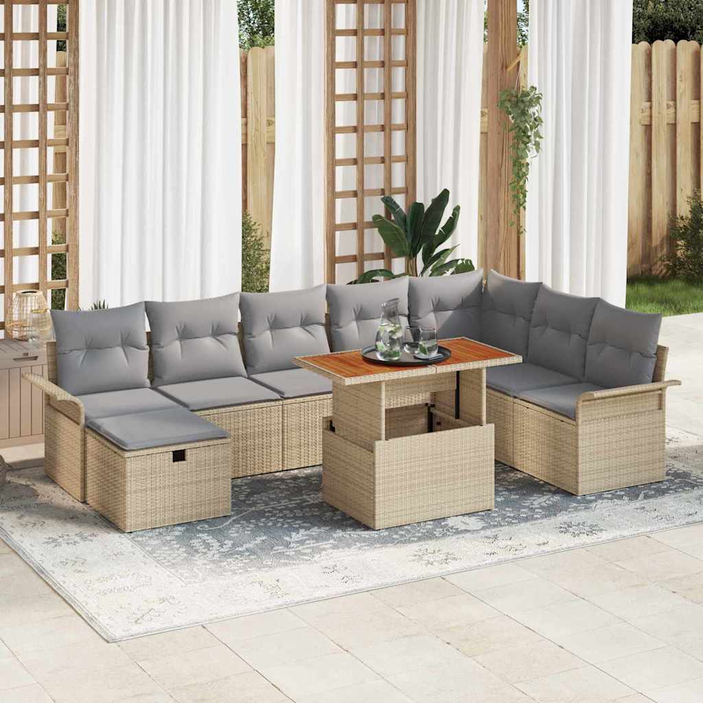Gartensofa-set mit Kissen mit Speicher 9 pcs Beige Poly-Rattan