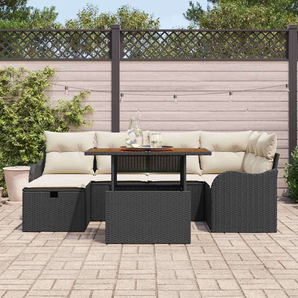 Gartensofa-set mit Kissen 7 pcs Schwarz Poly-Rattan
