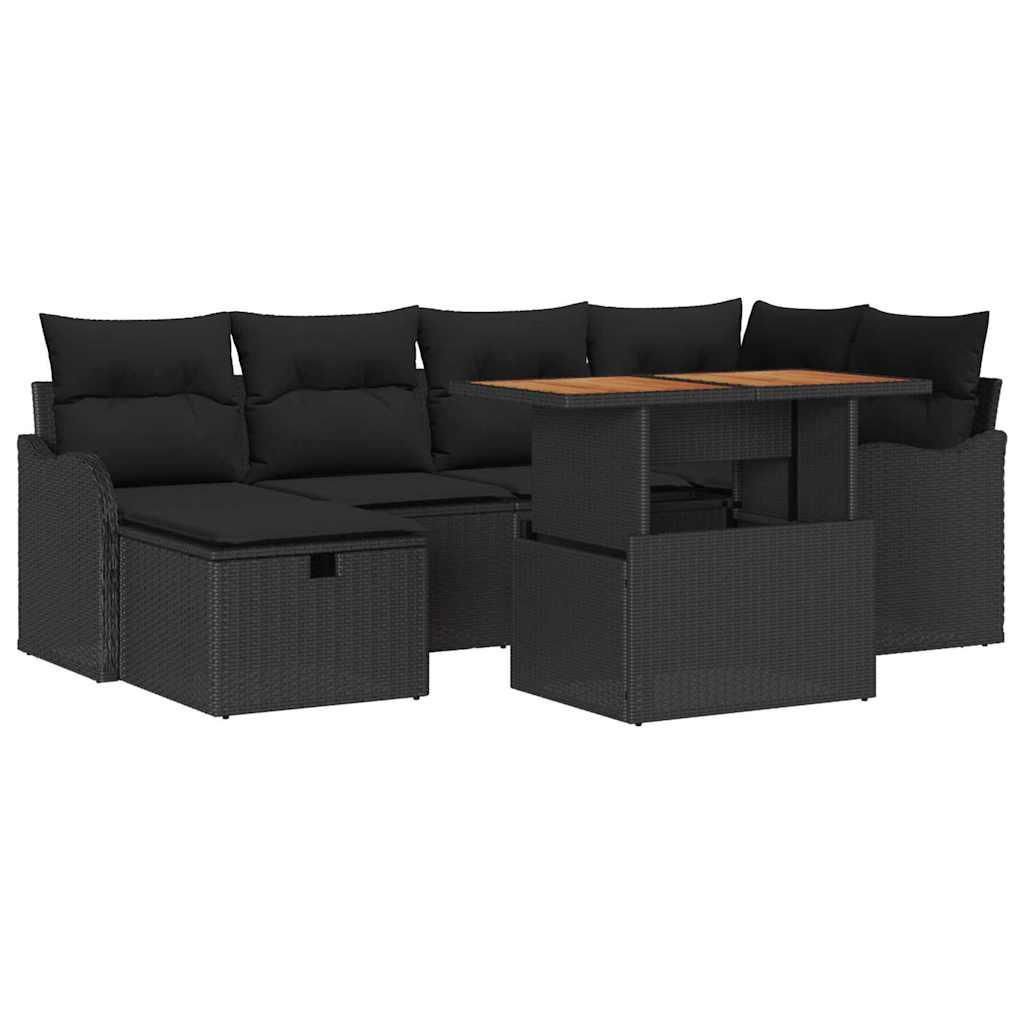 Gartensofa-set mit Kissen 7 pcs Schwarz Poly-Rattan