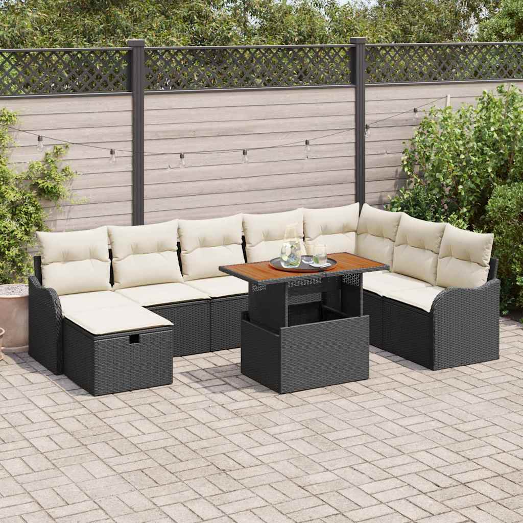 Gartensofa-set mit Kissen 9 pcs Schwarz Poly-Rattan