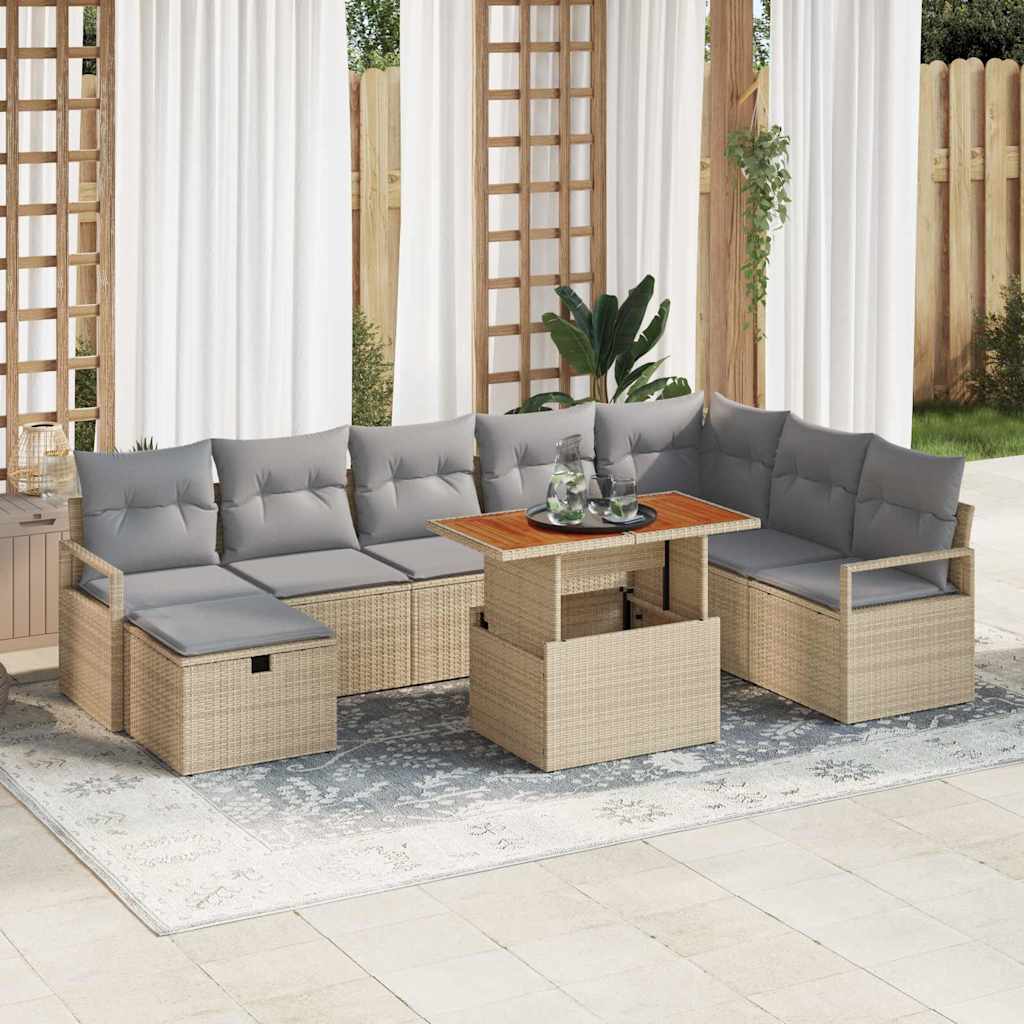 Gartensofa-set mit Kissen mit Speicher 9 pcs Beige Poly-Rattan