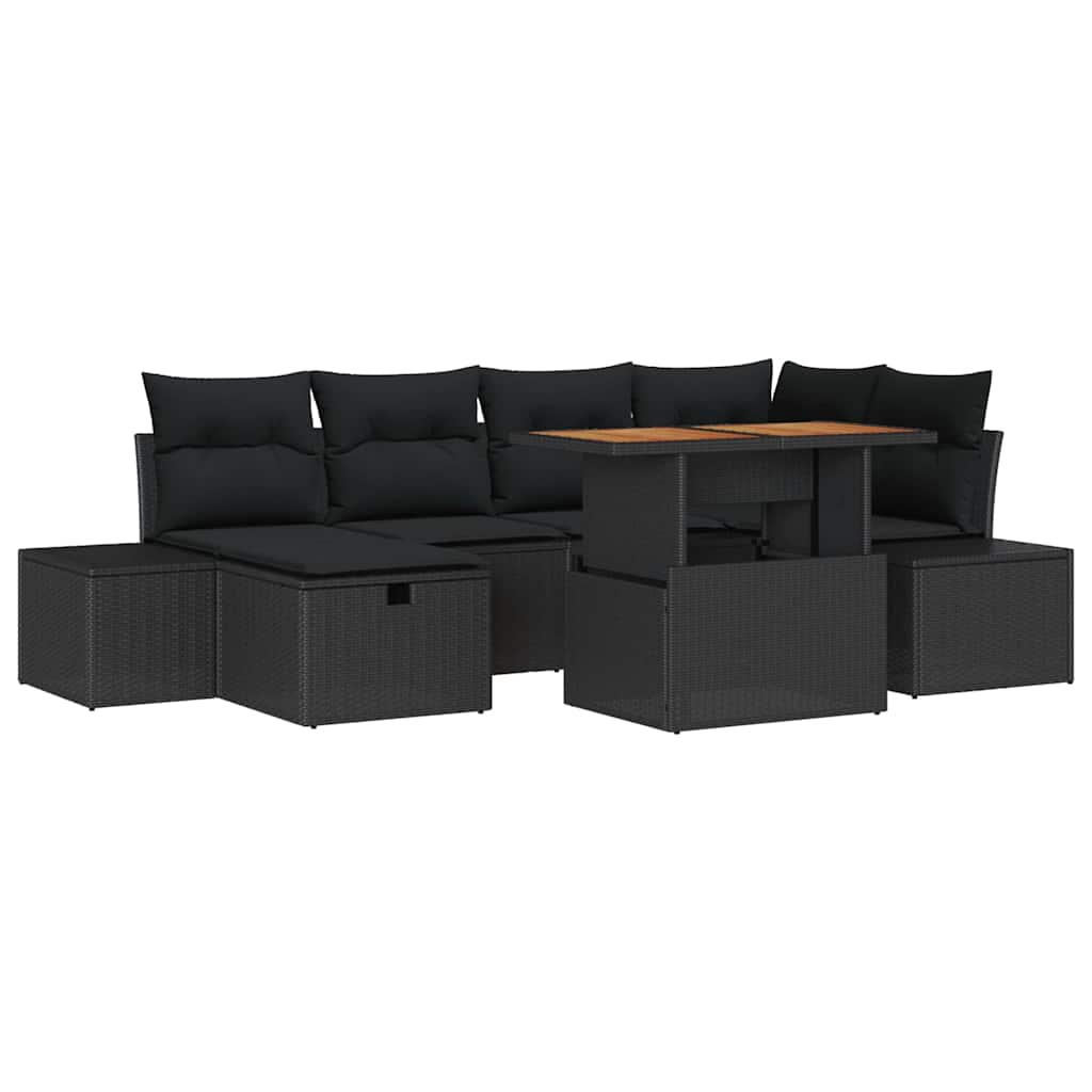 Gartensofa-set mit Kissen 7 pcs Schwarz Poly-Rattan