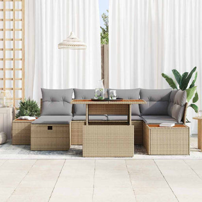 Gartensofa-set mit Kissen mit Speicher 7 pcs Beige Poly-Rattan