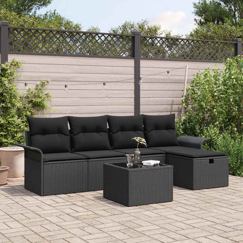 Garten-Sofa-Set mit Kissen 6 pcs Schwarz Poly Rattan