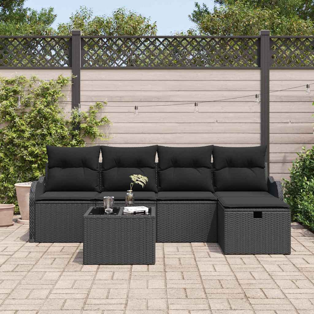 Garten-Sofa-Set mit Kissen 6 pcs Schwarz Poly Rattan