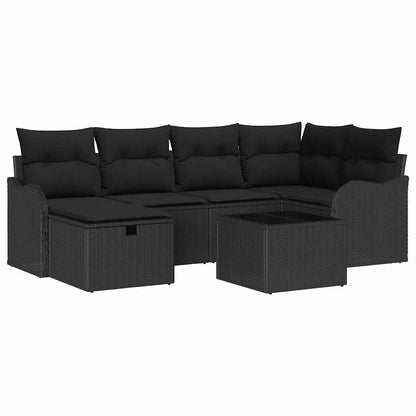 Garten-Sofa-Set mit Kissen 7 pcs Schwarz Poly Rattan