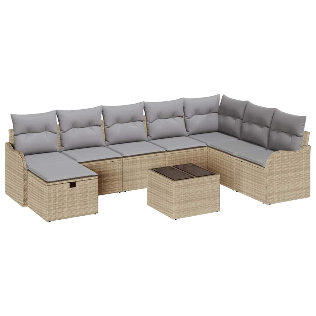 Garten-Sofa-Set mit Kissen mit Speicher 9 pcs Beige Poly Rattan