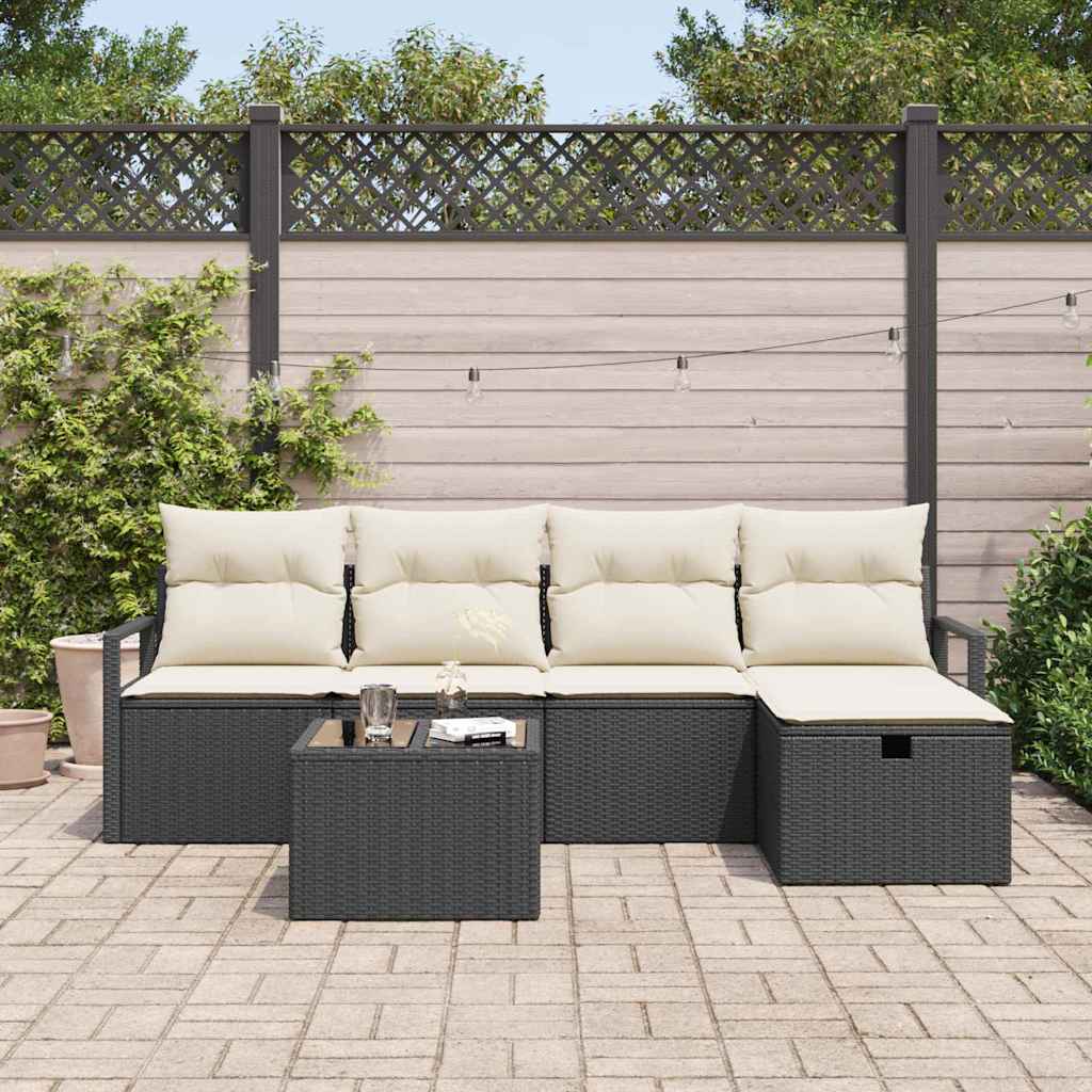 Garten-Sofa-Set mit Kissen 6 pcs Schwarz Poly Rattan