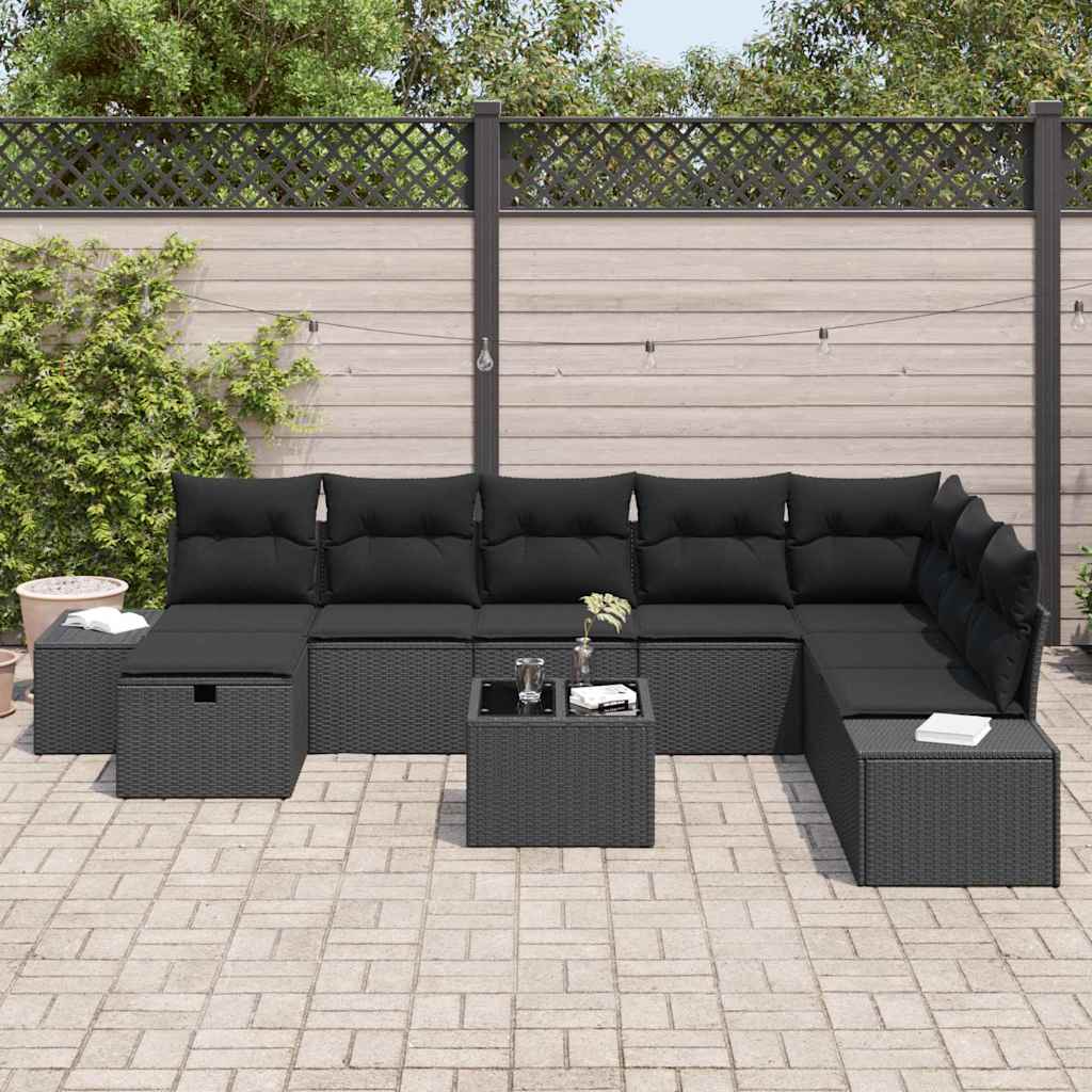 Garten-Sofa-Set mit Kissen 9 pcs Schwarz Poly Rattan