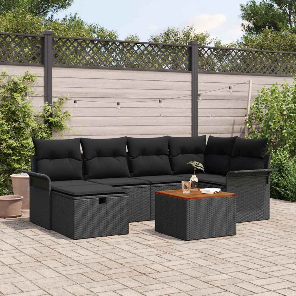 Gartensofa-set mit Kissen 7 pcs Schwarz Poly Rattan