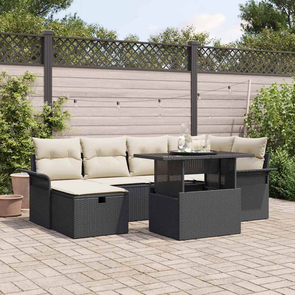 Garten-Sofa-Set mit Kissen 7 pcs Schwarz Poly Rattan