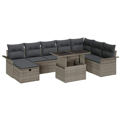 Garten-Sofa-Set mit Kissen mit Speicher 9 pcs Grau Poly Rattan