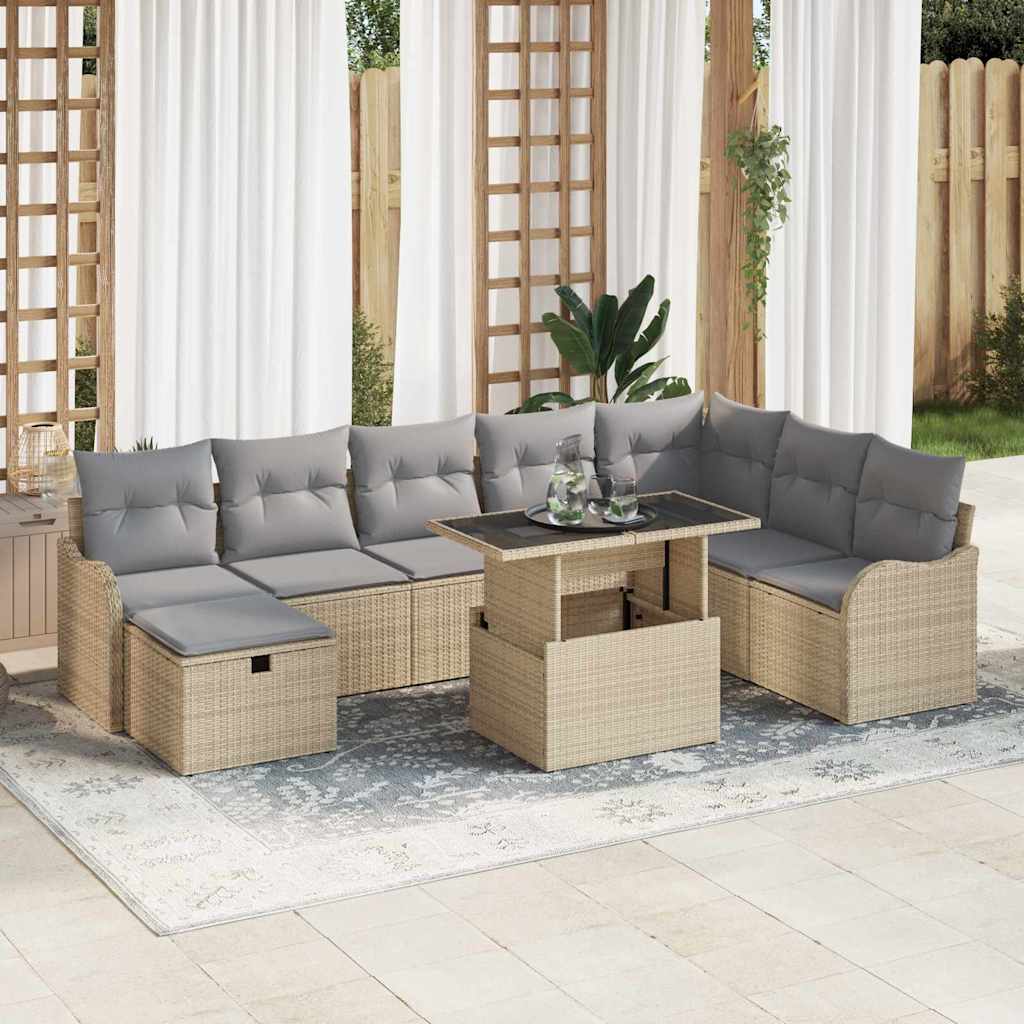 Garten-Sofa-Set mit Kissen mit Speicher 9 pcs Beige Poly Rattan