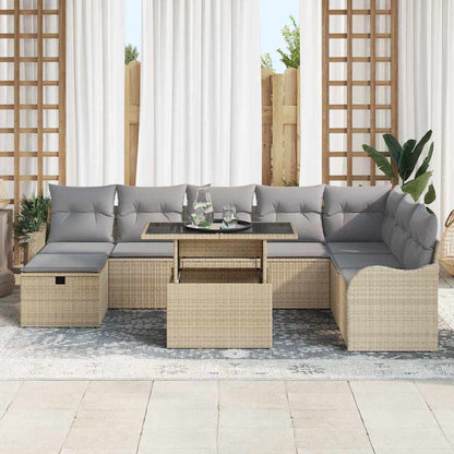 Garten-Sofa-Set mit Kissen mit Speicher 9 pcs Beige Poly Rattan