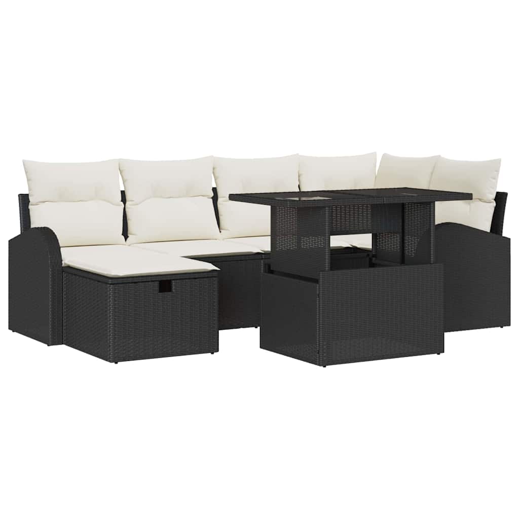 Garten-Sofa-Set mit Kissen 7 pcs Schwarz Poly Rattan