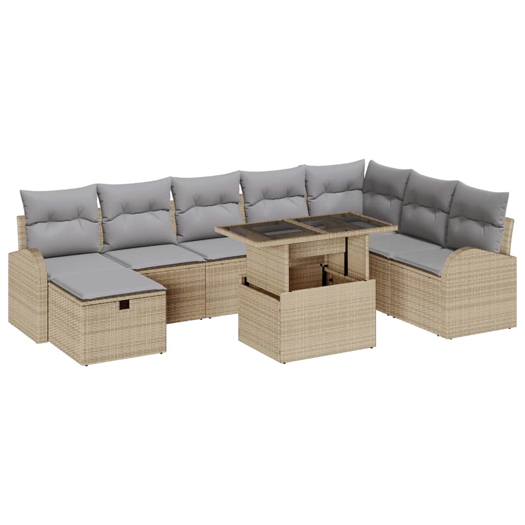 Garten-Sofa-Set mit Kissen mit Speicher 9 pcs Beige Poly Rattan