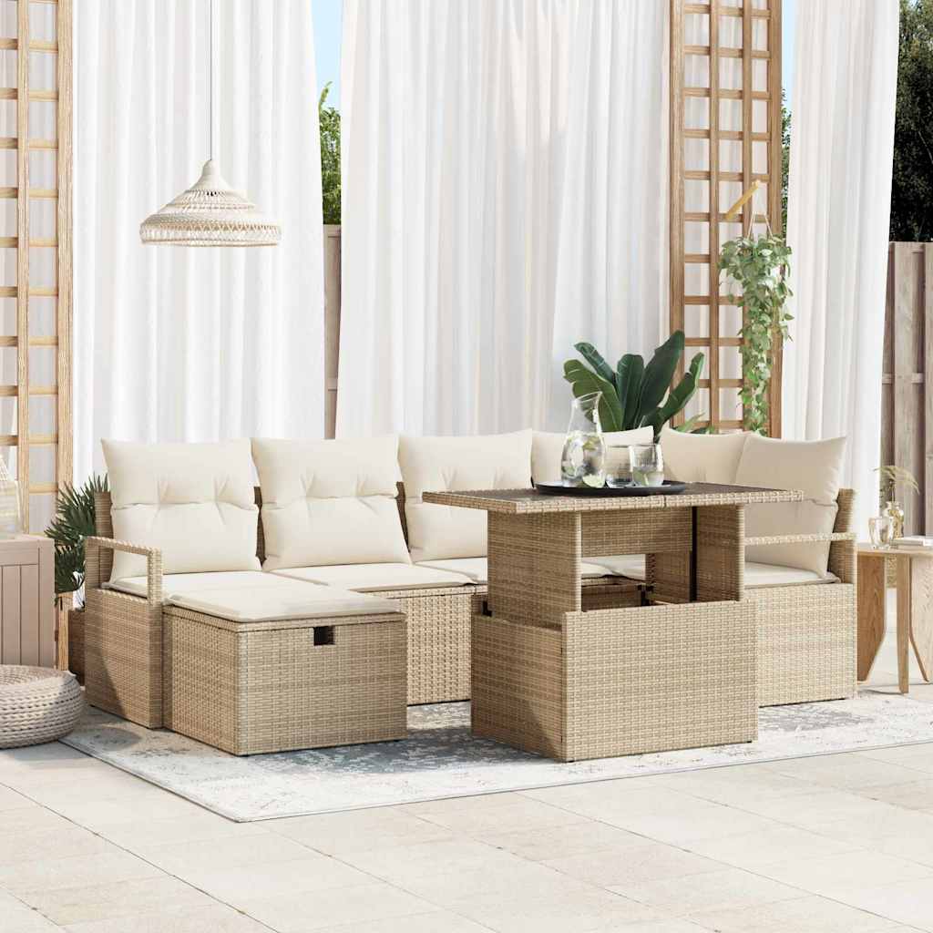 Garten-Sofa-Set mit Kissen mit Speicher 7 pcs Beige Poly Rattan