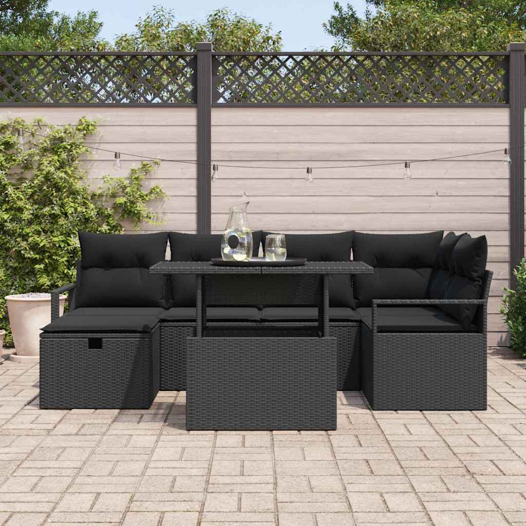 Garten-Sofa-Set mit Kissen 7 pcs Schwarz Poly Rattan