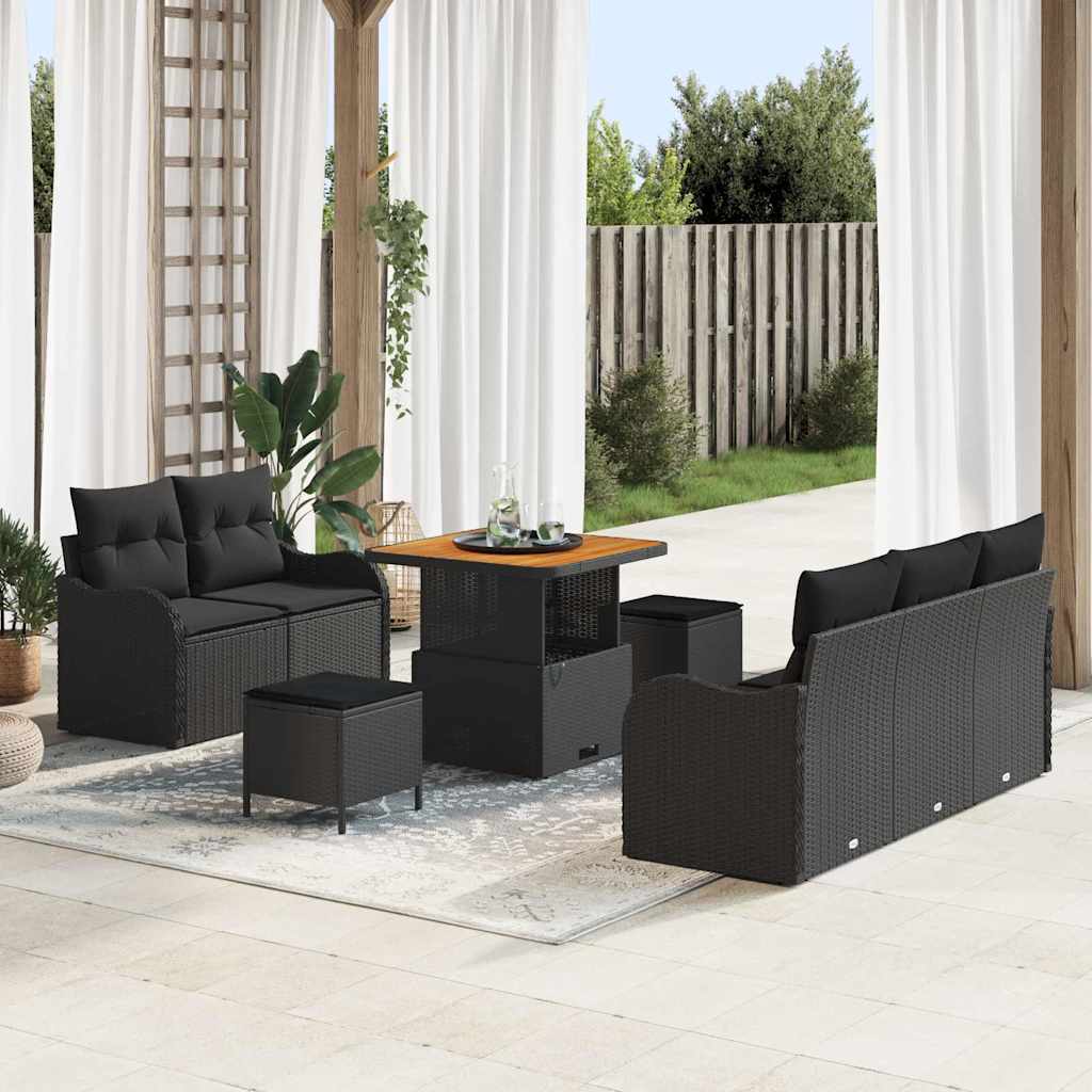 Gartensofa-set mit Kissen 8 pcs Schwarz Poly-Rattan