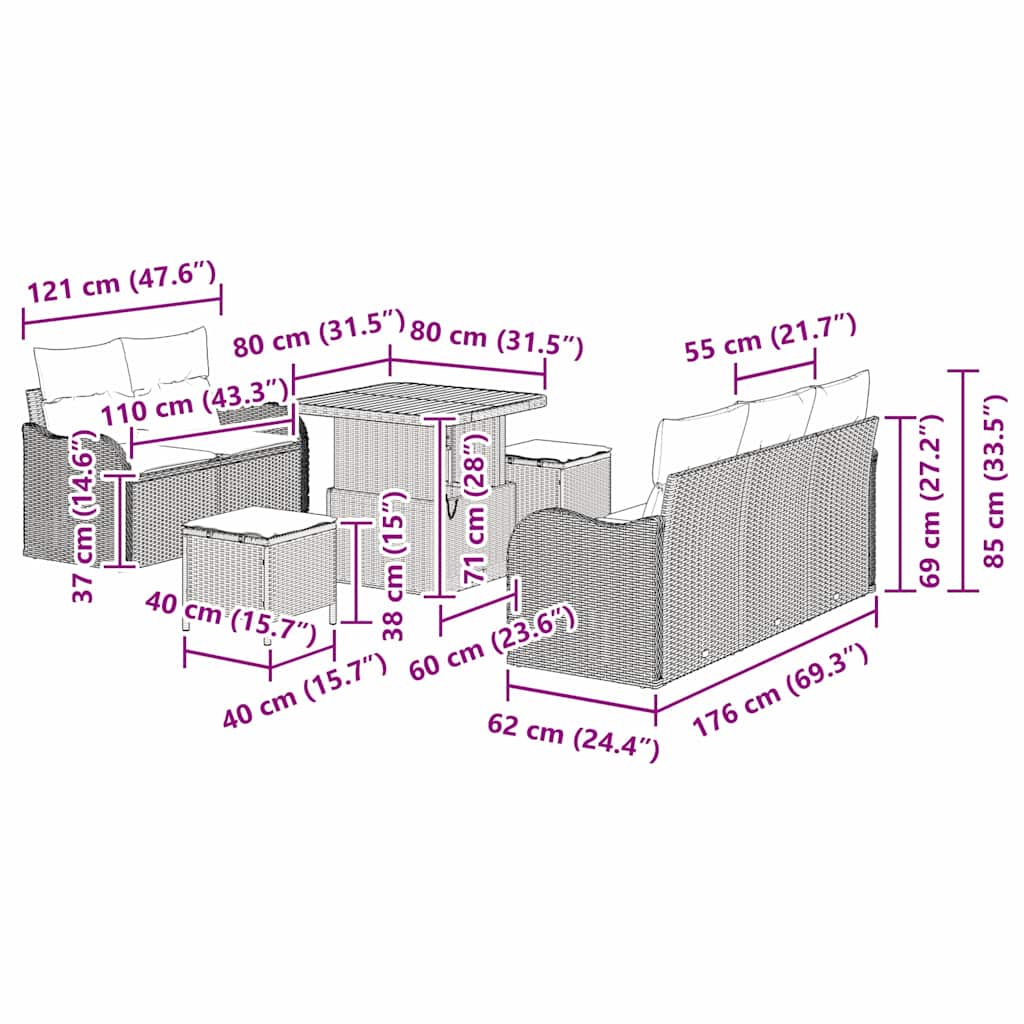 Gartensofa-set mit Kissen 8 pcs Grau Poly-Rattan