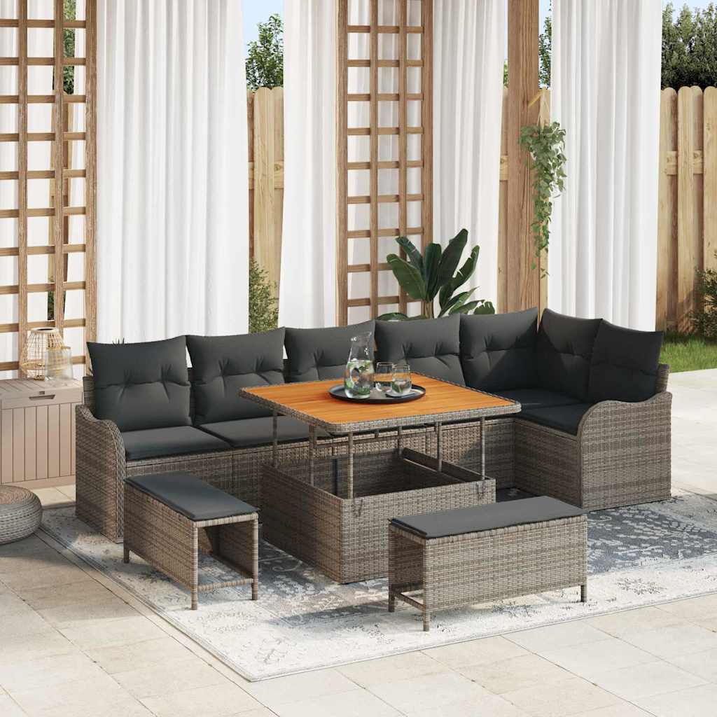 Gartensofa-set mit Kissen 9 pcs Grau Poly-Rattan