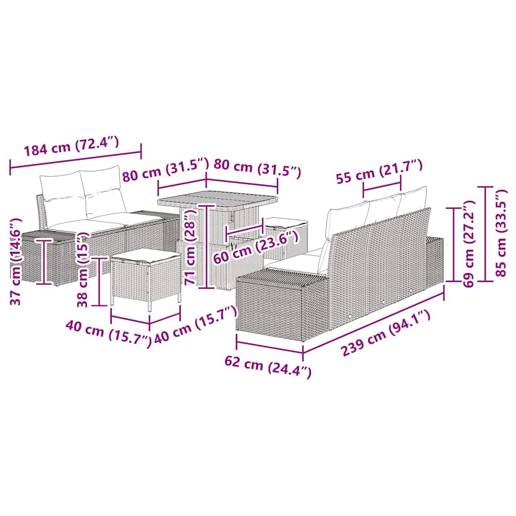 Gartensofa-set mit Kissen 8 pcs Schwarz Poly-Rattan