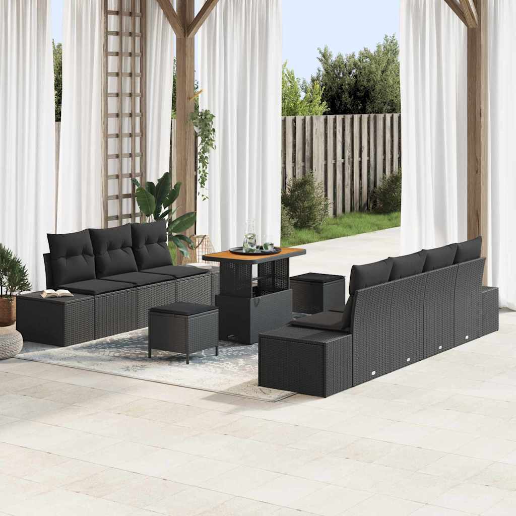 Gartensofa-set mit Kissen 10 pcs Schwarz Poly-Rattan