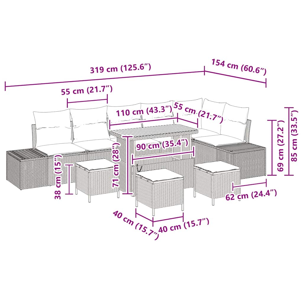 Gartensofa-set mit Kissen 10 pcs Beige Poly-Rattan