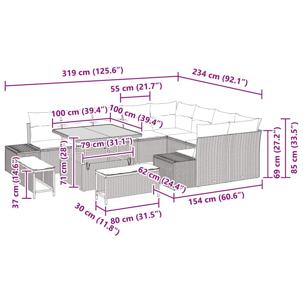Gartensofa-set mit Kissen 12 pcs Schwarz Poly-Rattan