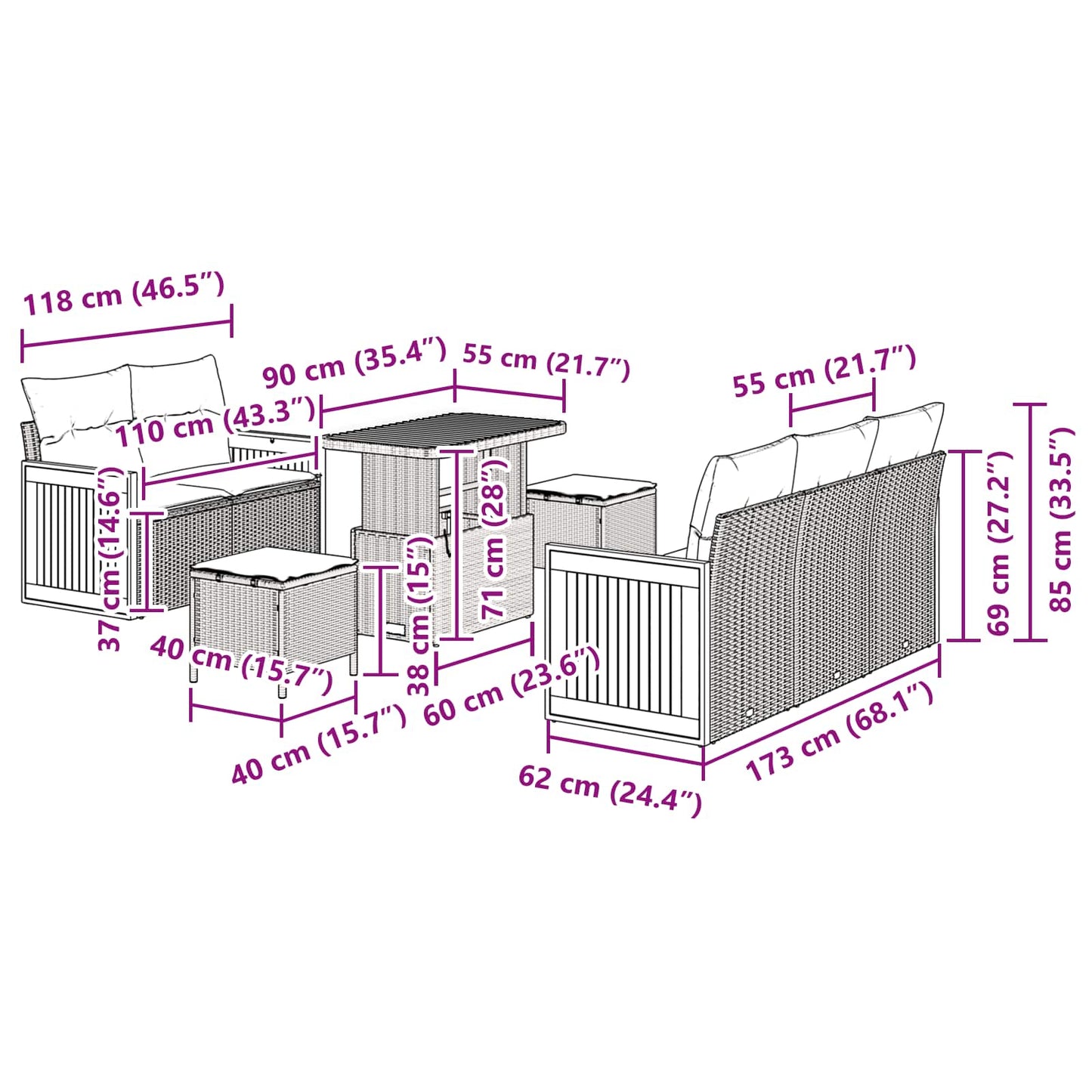 Gartensofa-set mit Kissen 8 pcs Schwarz