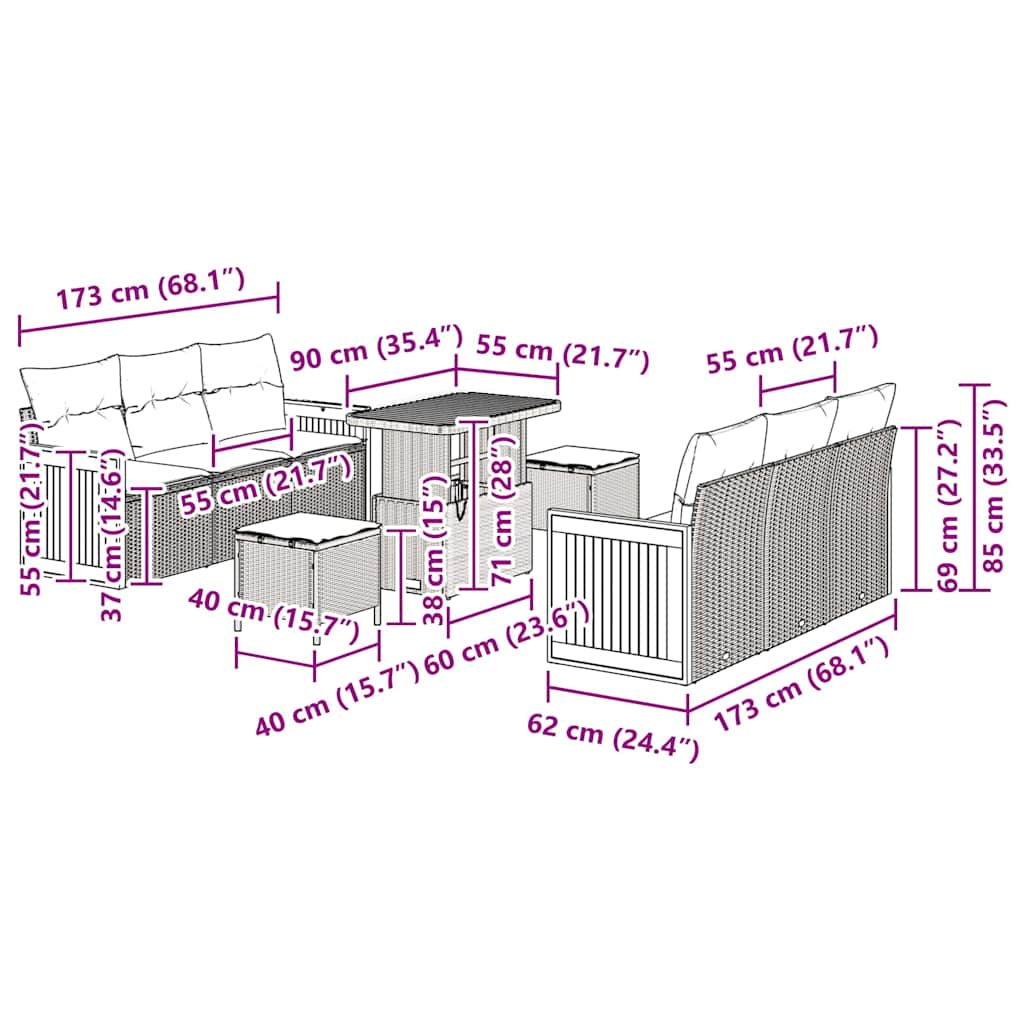 Gartensofa-set mit Kissen 9 pcs Grau