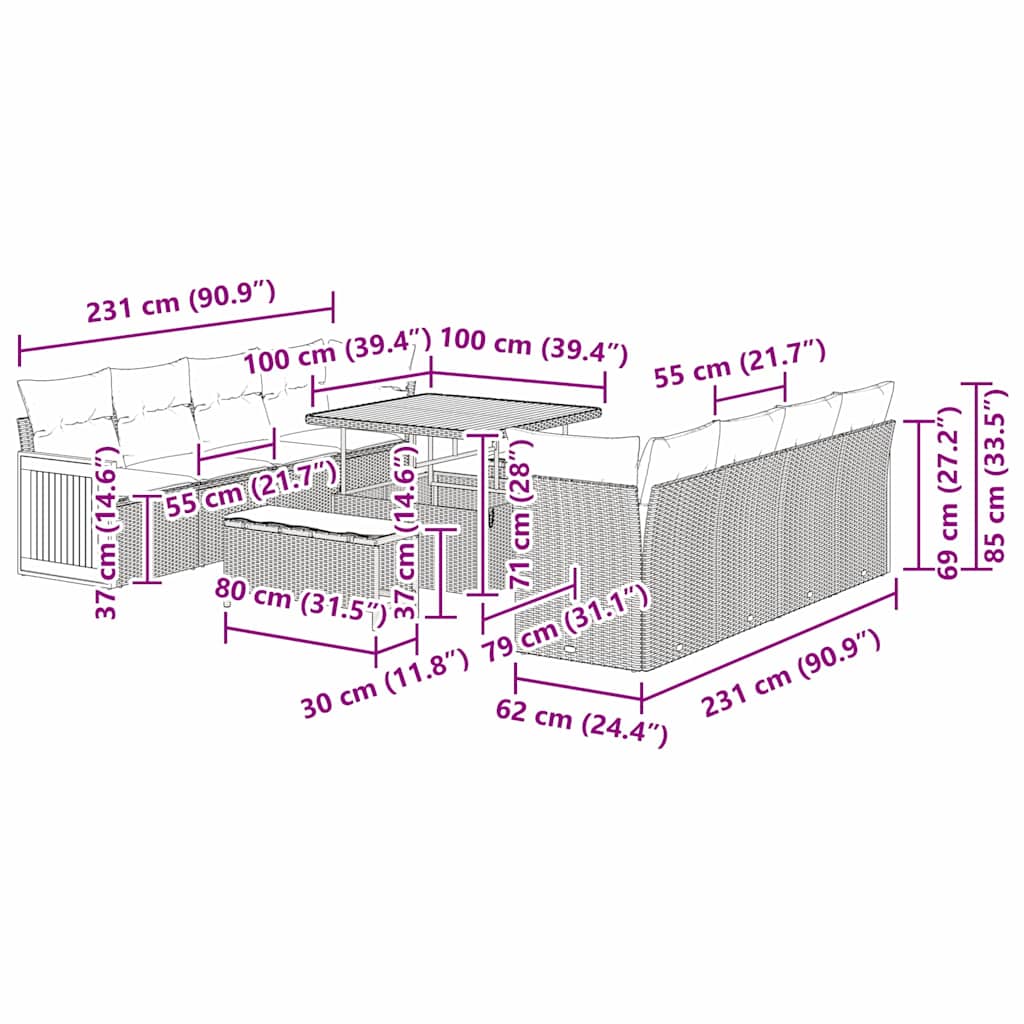 Gartensofa-set mit Kissen 11 pcs Beige und Creme