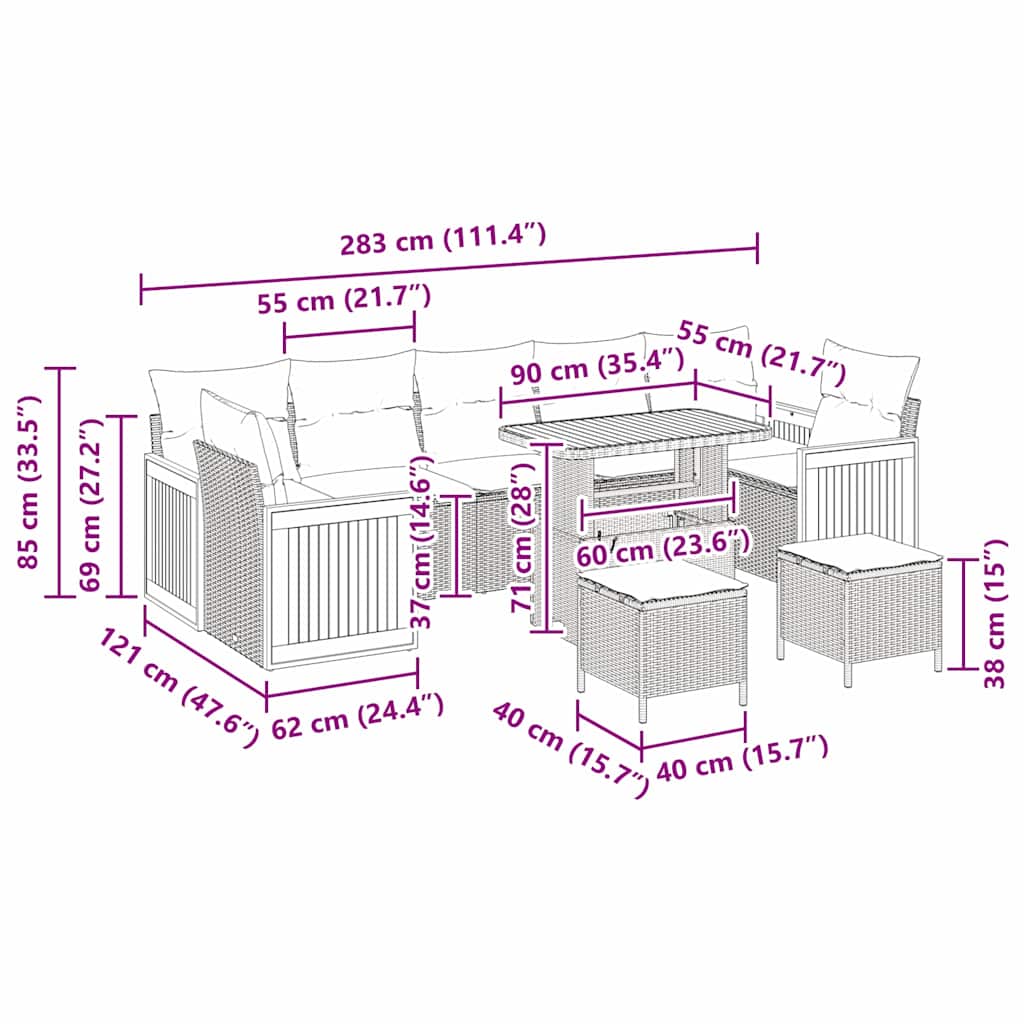 Gartensofa-set mit Kissen 10 pcs Grau