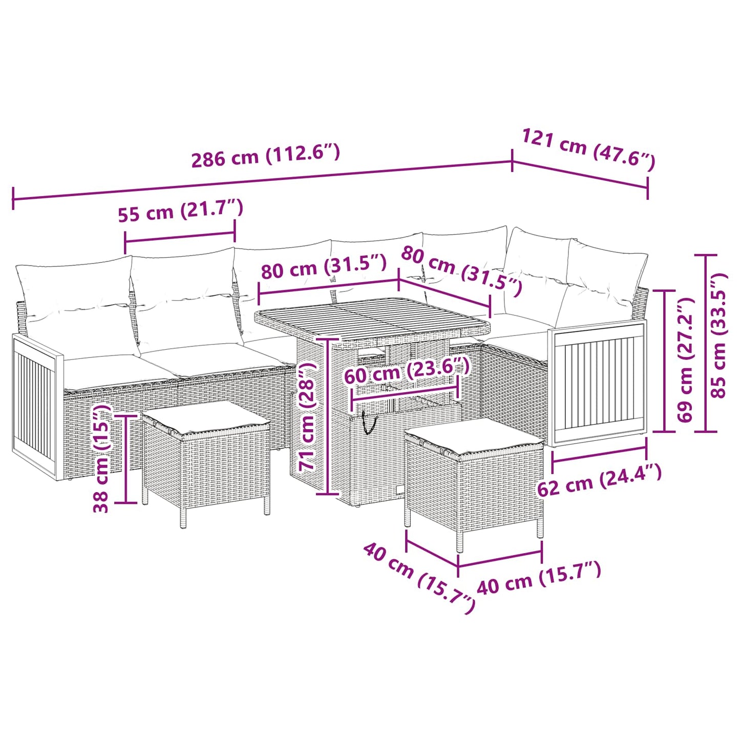 Gartensofa-set mit Kissen 9 pcs Schwarz