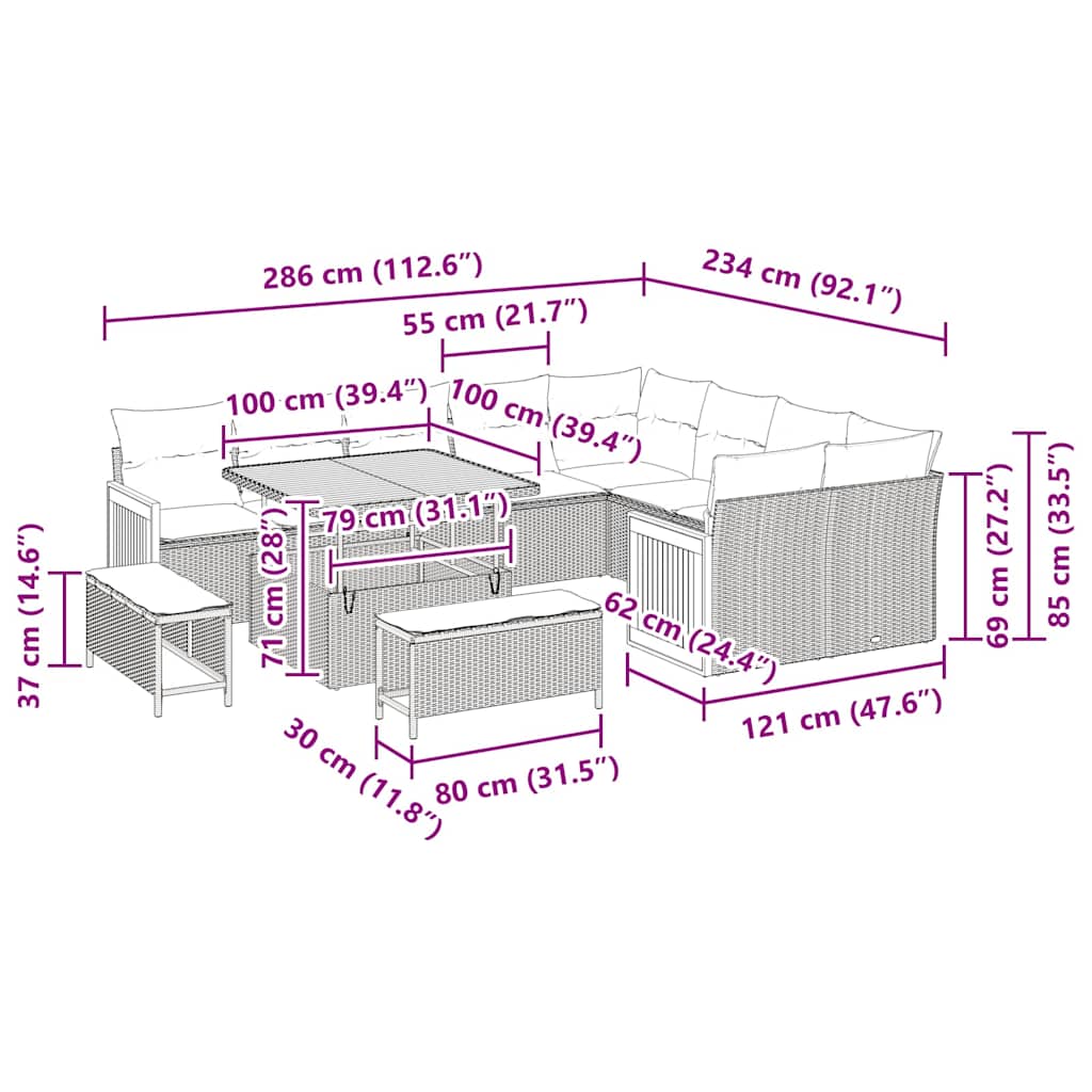 Gartensofa-set mit Kissen 12 pcs Beige und Hellgrau