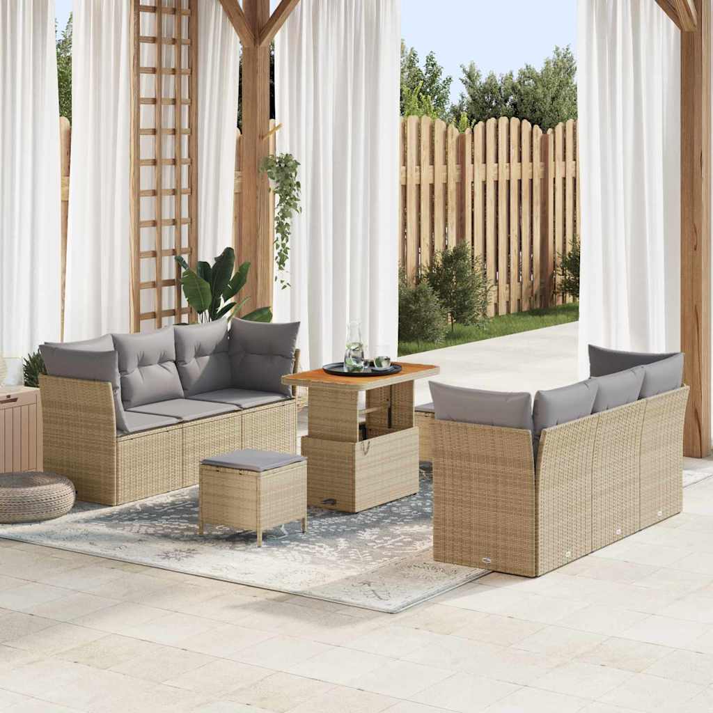 Gartensofa-set mit Kissen 9 pcs Beige und Hellgrau Poly-Rattan