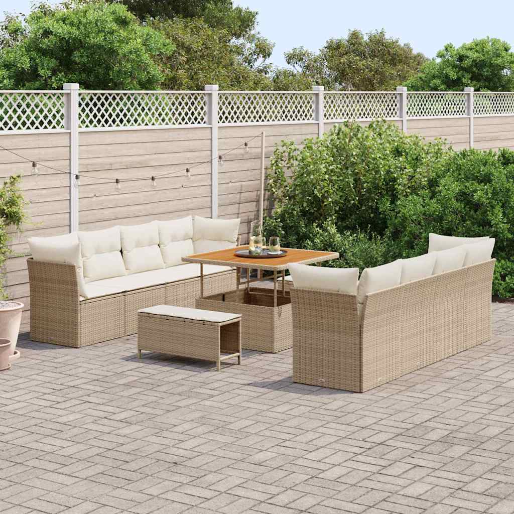 Gartensofa-set mit Kissen 11 pcs Beige und Creme Poly-Rattan