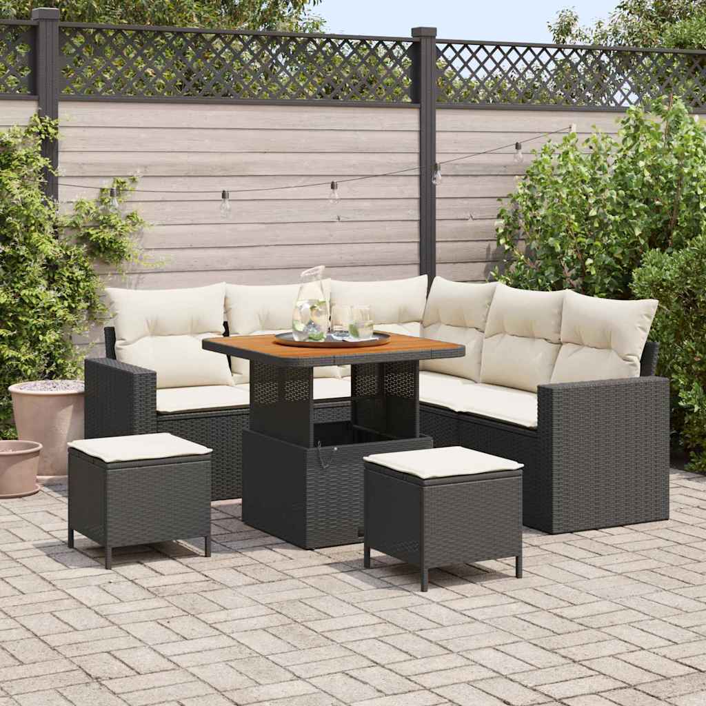 Gartensofa-set mit Kissen 9 pcs Schwarz und Creme Poly-Rattan