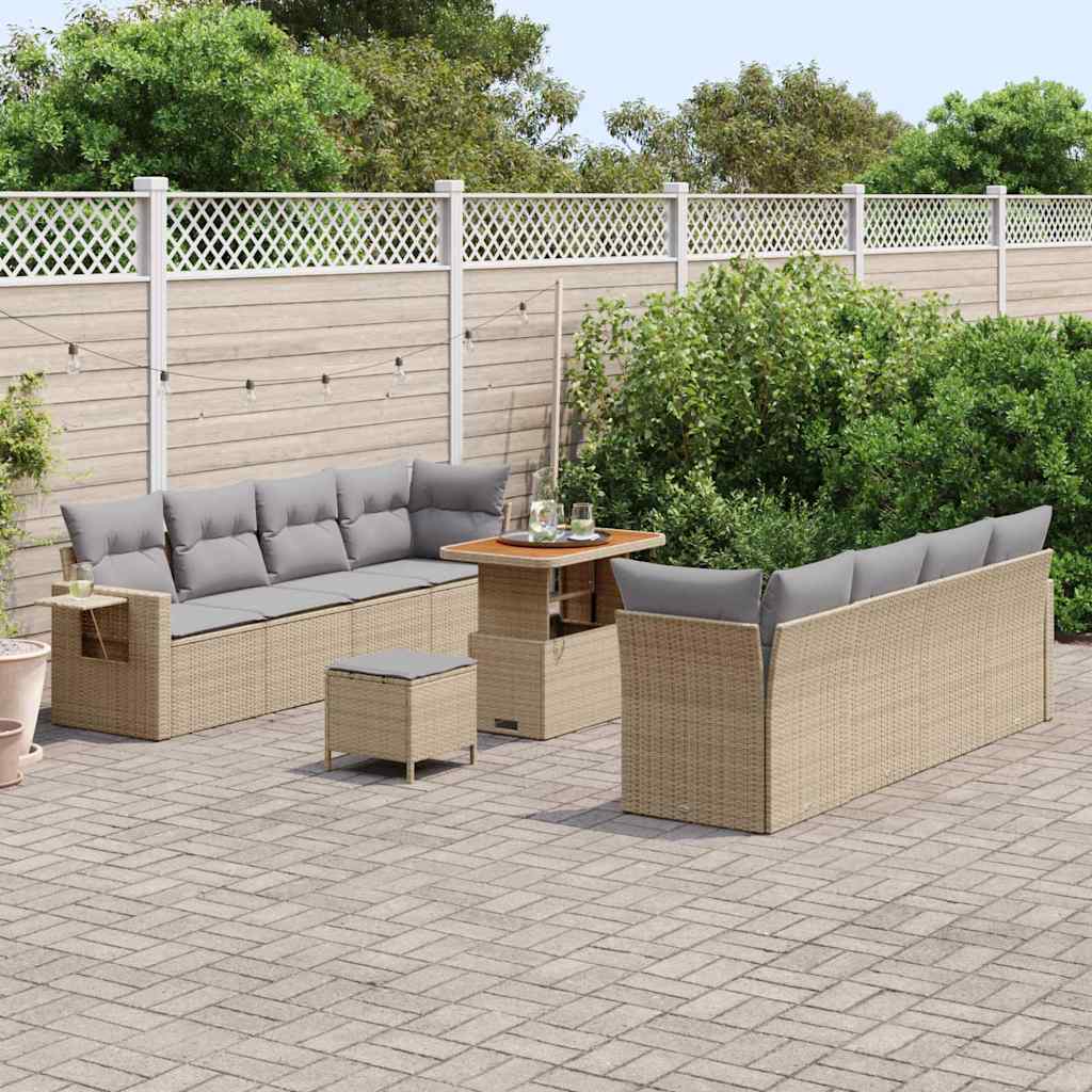 Gartensofa-set mit Kissen 11 pcs Beige und Hellgrau Poly-Rattan